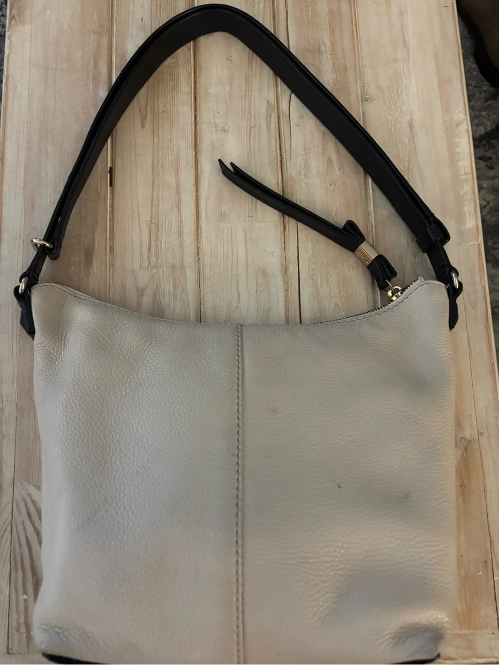 kate spade Cream Leather Shoulder Bag with Black Strap and Gold Spade Accent